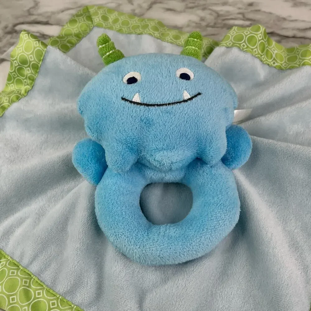 Carter's Plush Blue Monster Security Blanket Rattle Lovey Satin Trim 14
